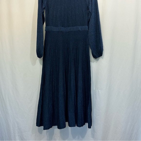 THE FOLD London Lumia Knitted Long Sleeve Pleated Midi Dress in Metallic Blue - Picture 10 of 16